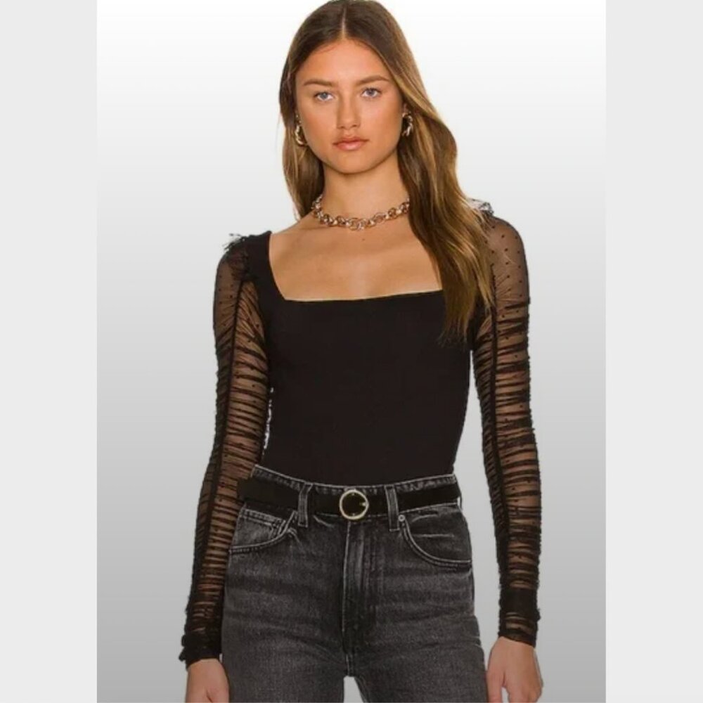 Free People Must Be Love Black Bodysuit w/ Ruched Mesh Polka Dot Sleeves-Size XS
